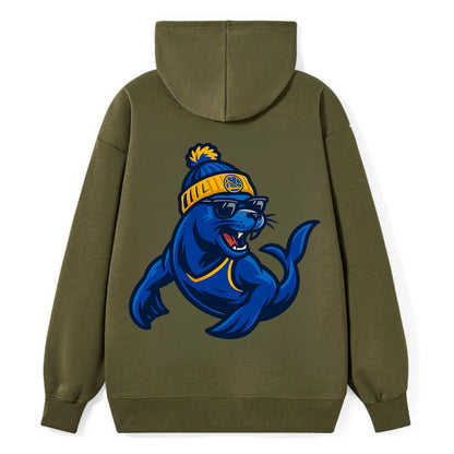Bay Area Sea Lion wearing Warriors blue and gold beanie with Golden Gate - Classic Pullover Hoodie - ArmyGreen