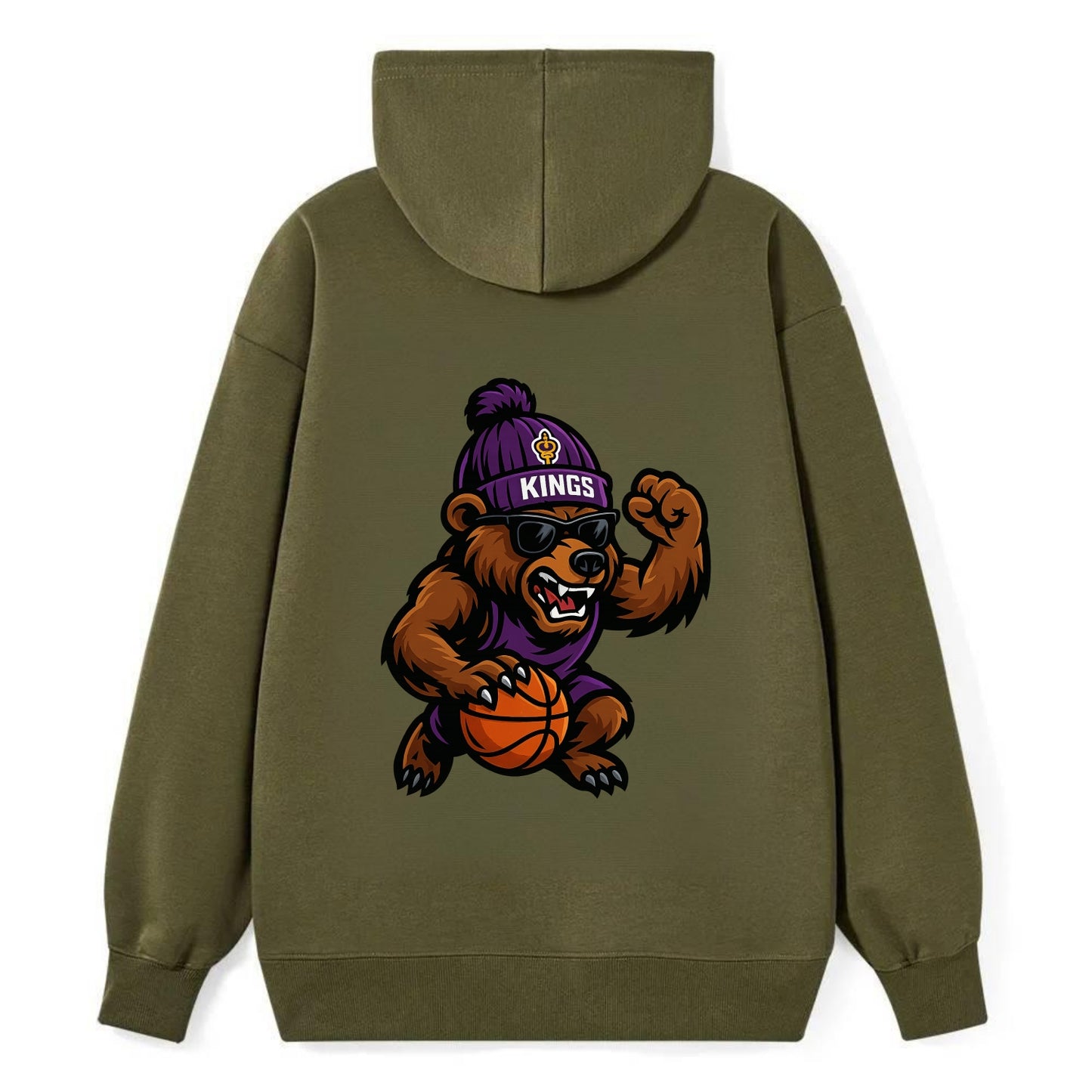 California Grizzly wearing Kings beanie with royal scepter patch and - Classic Pullover Hoodie - ArmyGreen