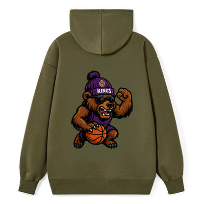 California Grizzly wearing Kings beanie with royal scepter patch and - Classic Pullover Hoodie - ArmyGreen
