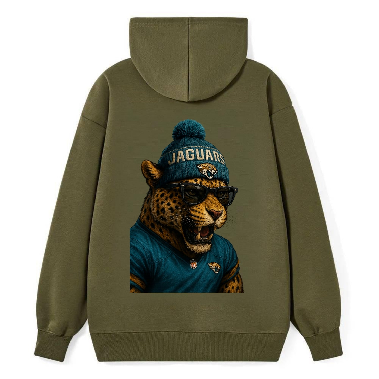 Jacksonville Jaguar wearing Jaguars teal and gold beanie with pom pom and - Classic Pullover Hoodie - ArmyGreen