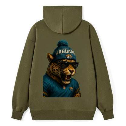 Jacksonville Jaguar wearing Jaguars teal and gold beanie with pom pom and - Classic Pullover Hoodie - ArmyGreen