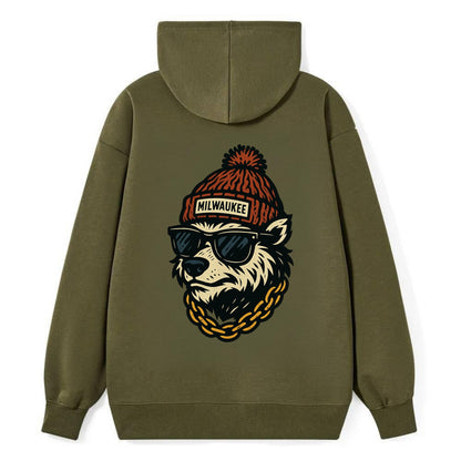 Milwaukee Badger wearing Milwaukee beanie with pom pom and wayfarer - Classic Pullover Hoodie - ArmyGreen