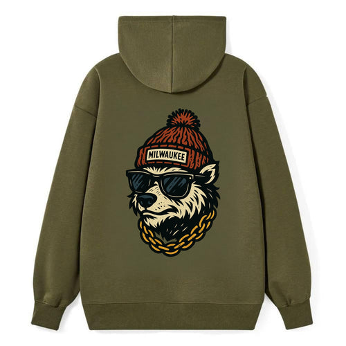 Milwaukee Badger wearing Milwaukee beanie with pom pom and wayfarer - Classic Pullover Hoodie