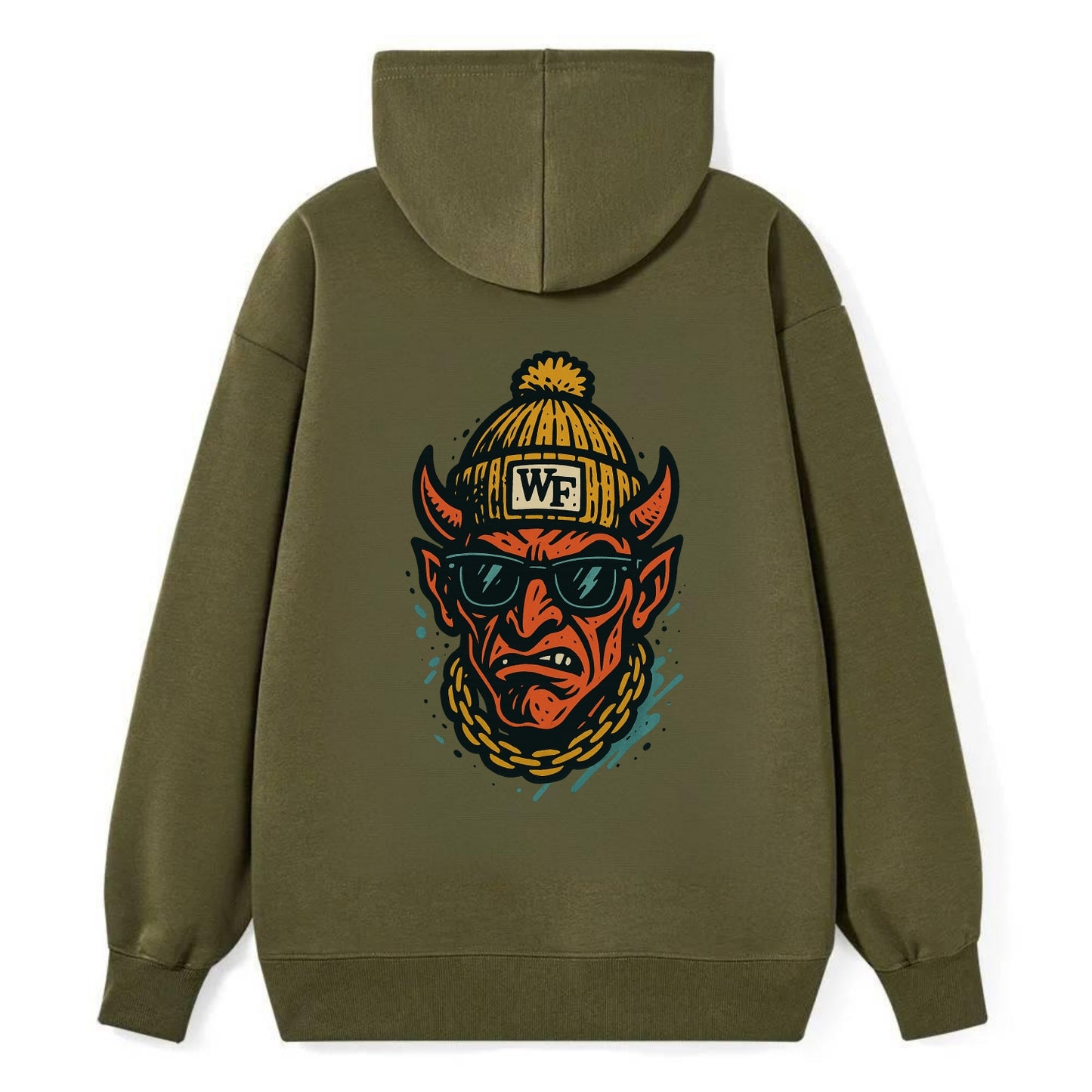 Winston-Salem Demon wearing Wake Forest beanie with WF patch - Classic Pullover Hoodie - ArmyGreen
