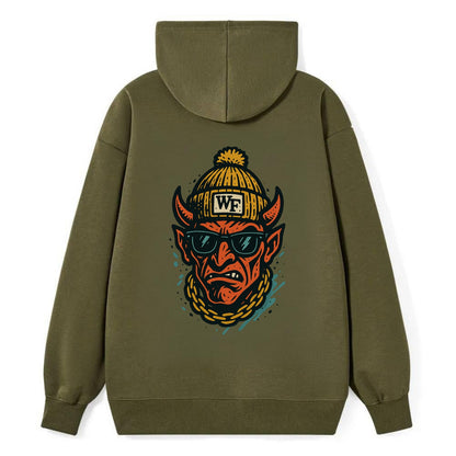 Winston-Salem Demon wearing Wake Forest beanie with WF patch - Classic Pullover Hoodie - ArmyGreen