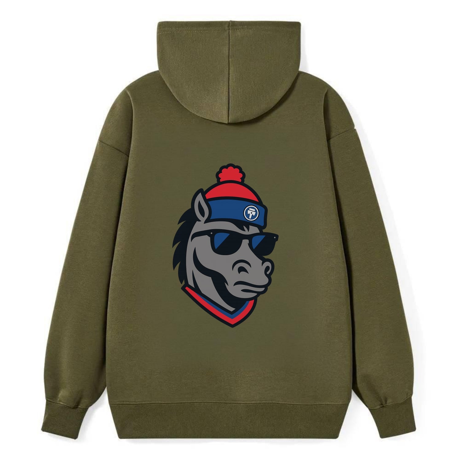 Detroit Stallion wearing Pistons red and blue beanie with piston patch - Classic Pullover Hoodie - ArmyGreen