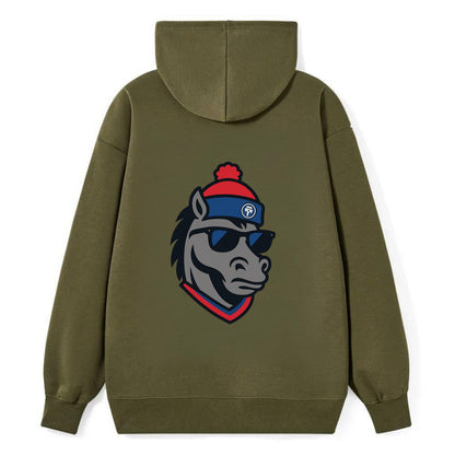 Detroit Stallion wearing Pistons red and blue beanie with piston patch - Classic Pullover Hoodie - ArmyGreen