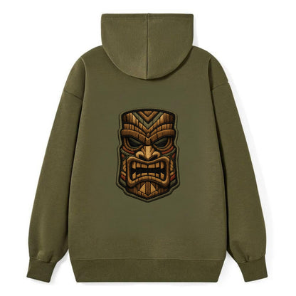 TIKI MASK - carved totem in brown and red , Polynesian - Classic Pullover Hoodie - ArmyGreen