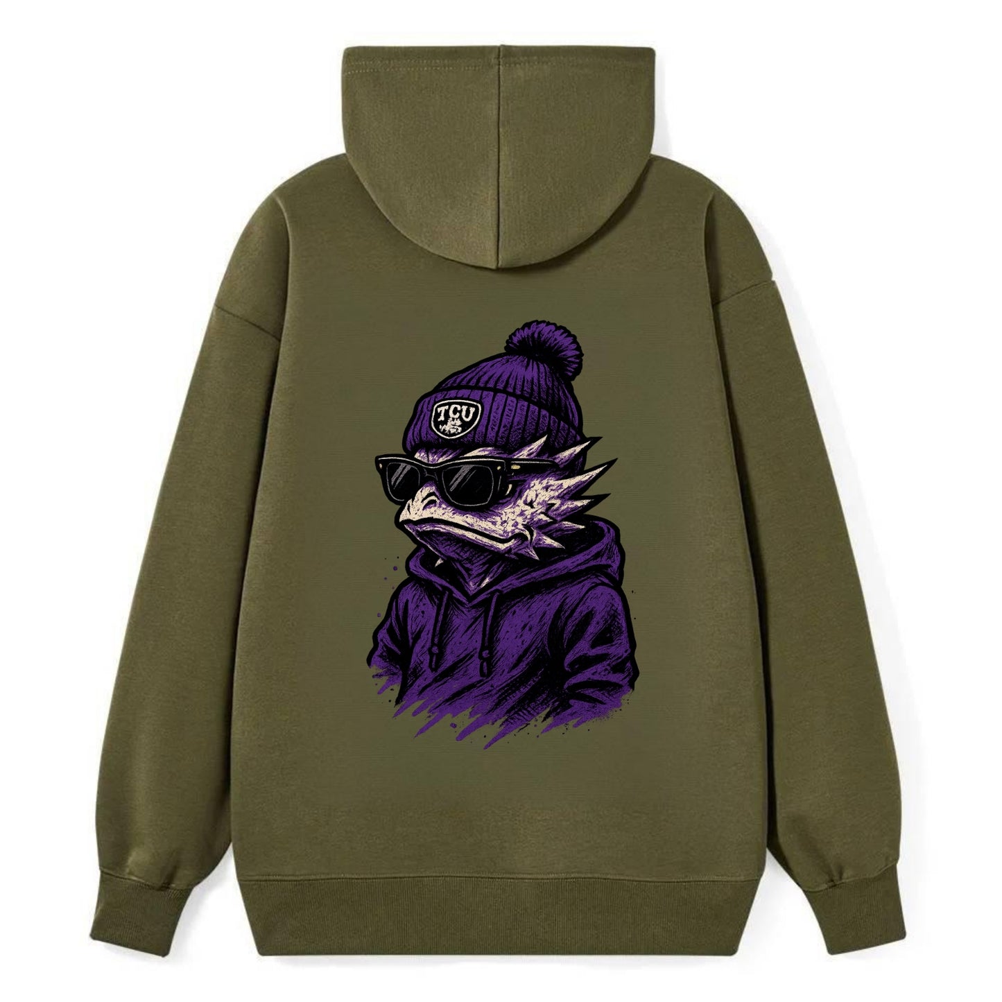 Fort Worth Horned Frog wearing TCU beanie with frog patch - Classic Pullover Hoodie - ArmyGreen