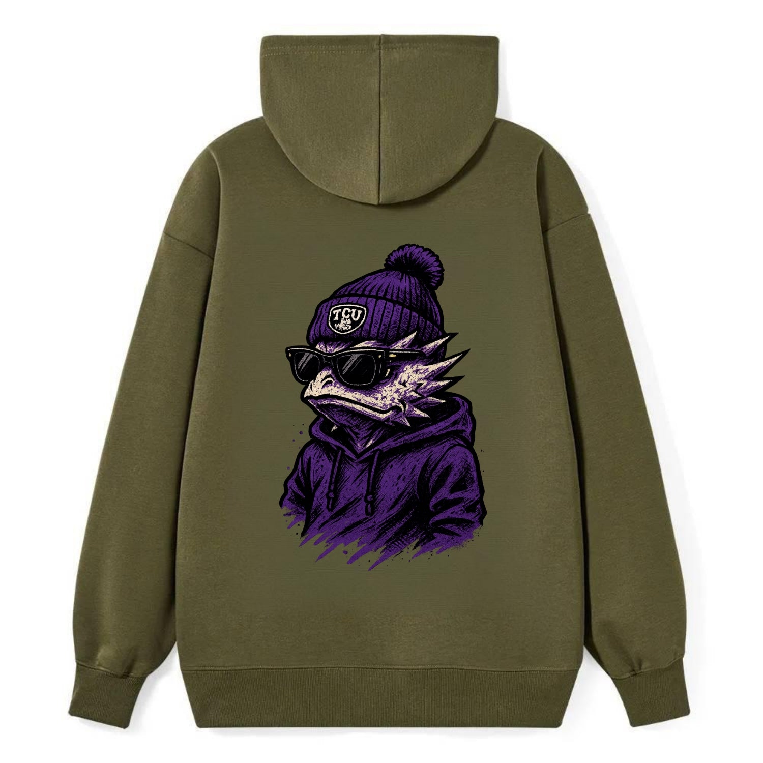 Fort Worth Horned Frog wearing TCU beanie with frog patch - Classic Pullover Hoodie - ArmyGreen