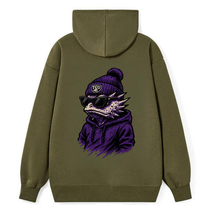 Fort Worth Horned Frog wearing TCU beanie with frog patch - Classic Pullover Hoodie - ArmyGreen