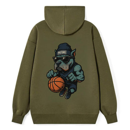 Detroit Pitbull wearing Pistons beanie with chrome patch and wayfarer - Classic Pullover Hoodie - ArmyGreen