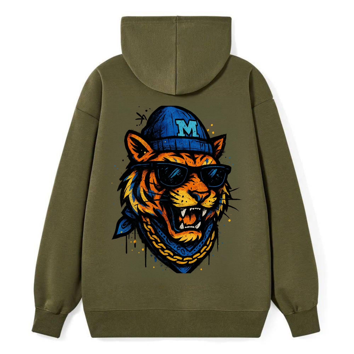 Memphis Tiger wearing Memphis beanie with M patch - Classic Pullover Hoodie - ArmyGreen