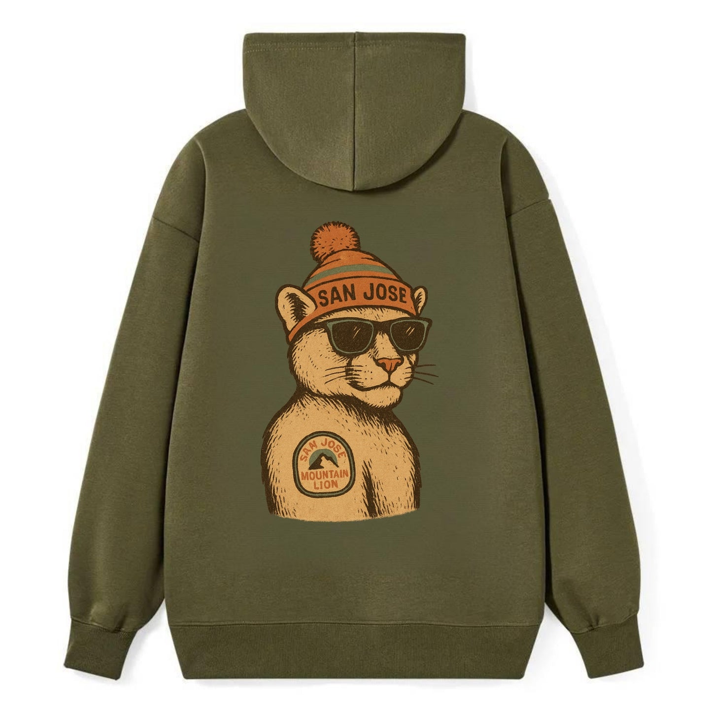 San Jose Mountain Lion wearing San Jose beanie with pom pom and wayfarer - Classic Pullover Hoodie - ArmyGreen