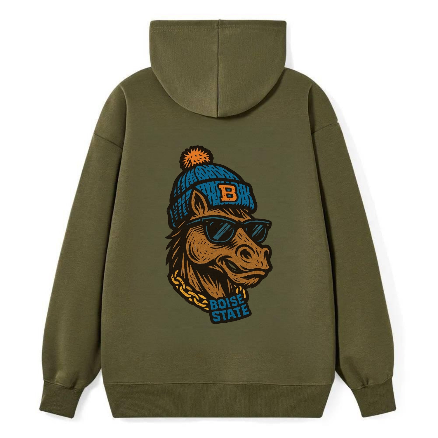 Boise Bronco wearing Boise State beanie with B patch - Classic Pullover Hoodie - ArmyGreen