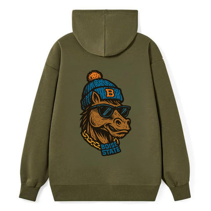 Boise Bronco wearing Boise State beanie with B patch - Classic Pullover Hoodie - ArmyGreen