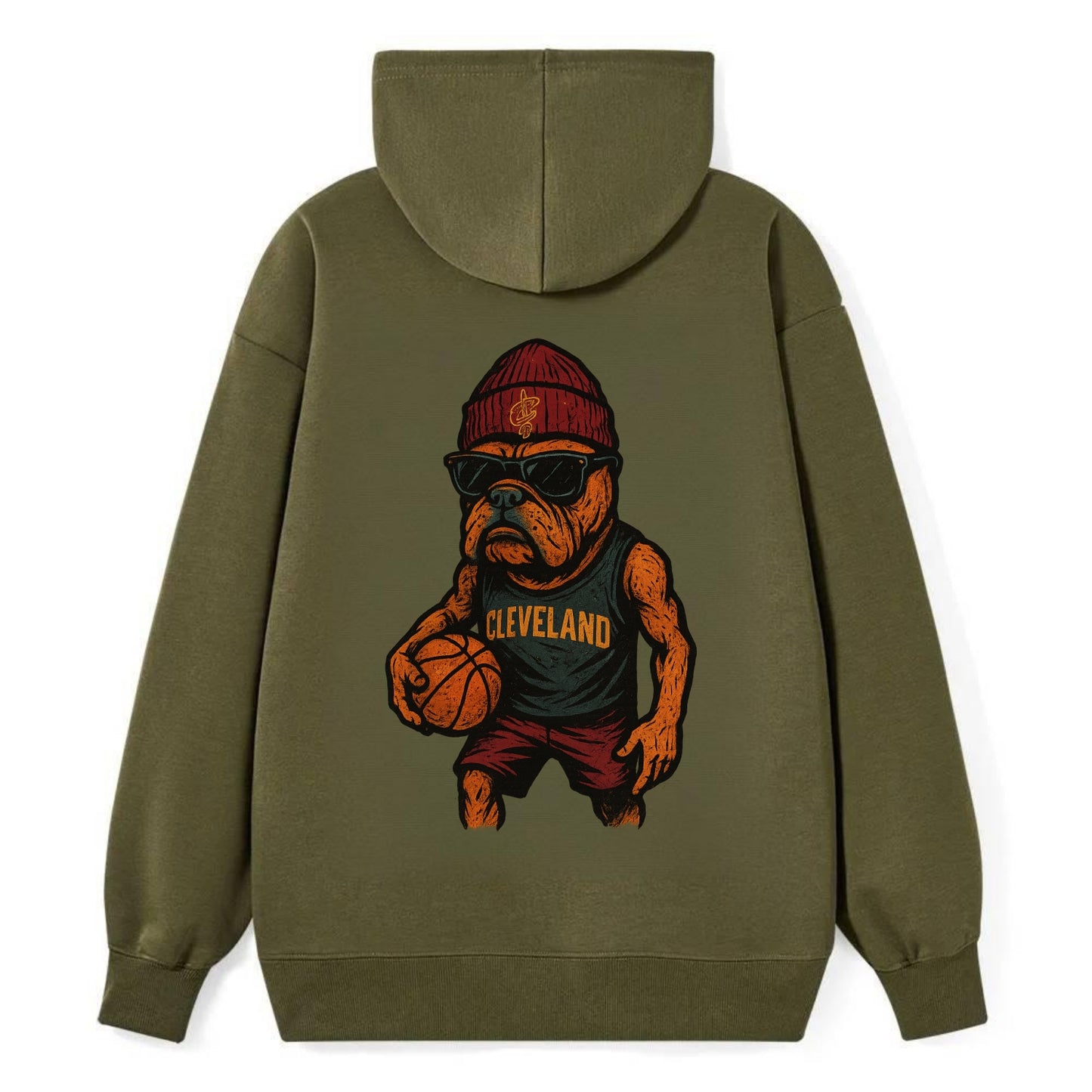 Cleveland Bulldog wearing Cavaliers wine and gold beanie with sword patch - Classic Pullover Hoodie - ArmyGreen