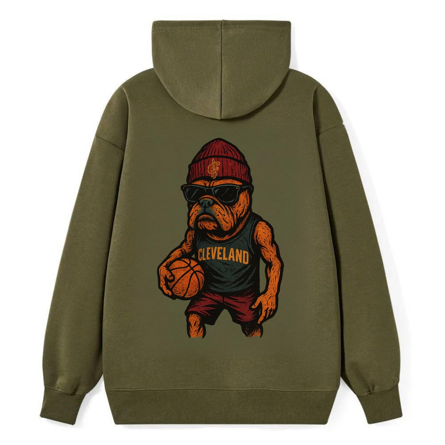 Cleveland Bulldog wearing Cavaliers wine and gold beanie with sword patch - Classic Pullover Hoodie - ArmyGreen