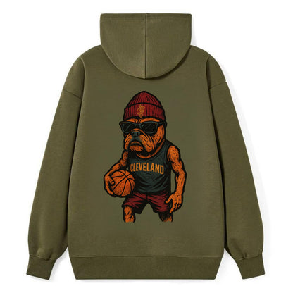 Cleveland Bulldog wearing Cavaliers wine and gold beanie with sword patch - Classic Pullover Hoodie - ArmyGreen