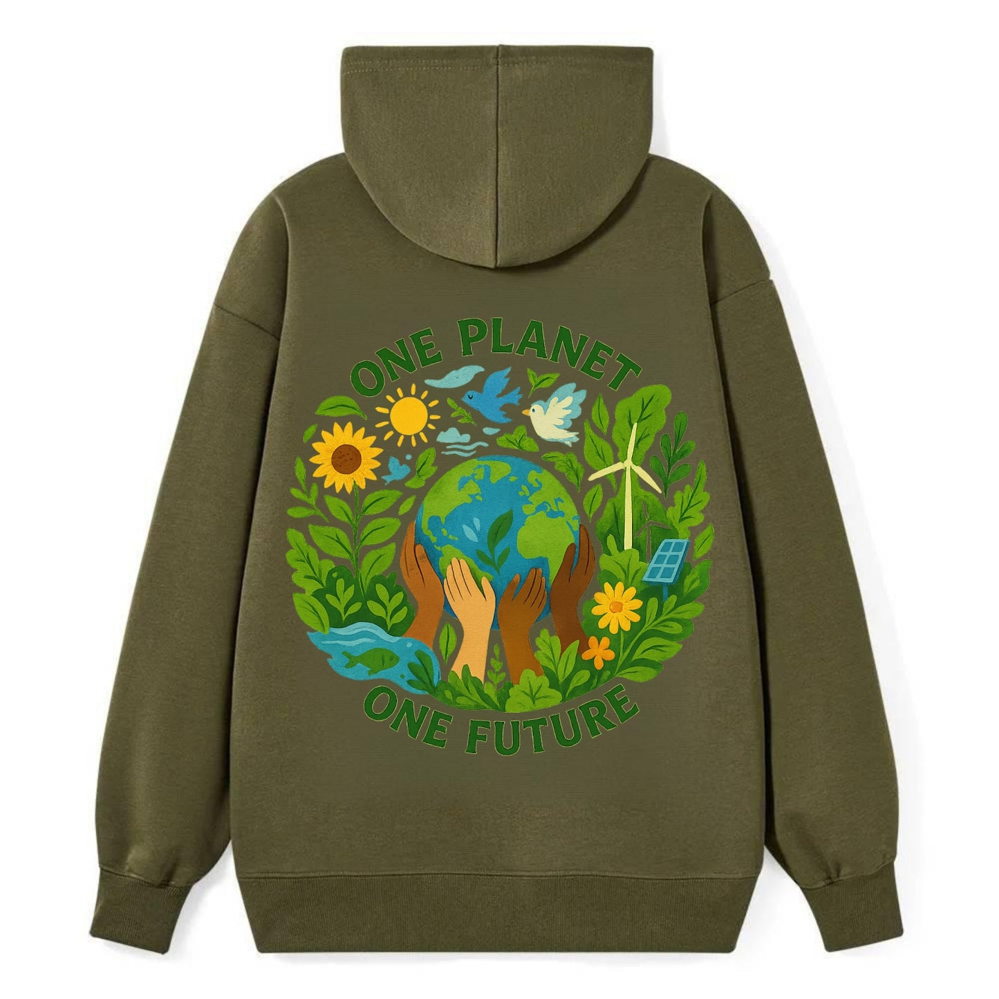 Globe surrounded by hands of all colors working together - "One Planet, - Classic Pullover Hoodie - ArmyGreen