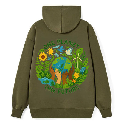 Globe surrounded by hands of all colors working together - "One Planet, - Classic Pullover Hoodie - ArmyGreen
