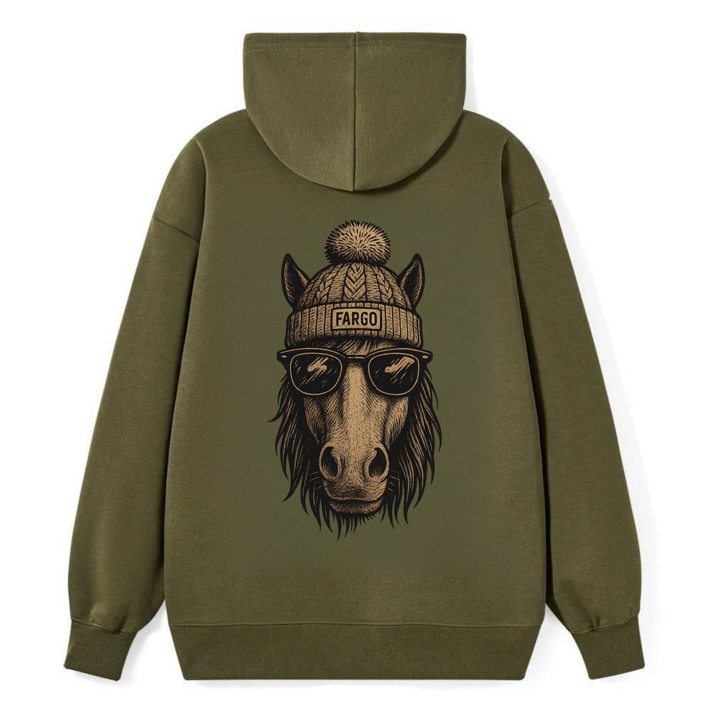 North Dakota Nokota Horse wearing Fargo beanie with pom pom and wayfarer - Classic Pullover Hoodie - ArmyGreen
