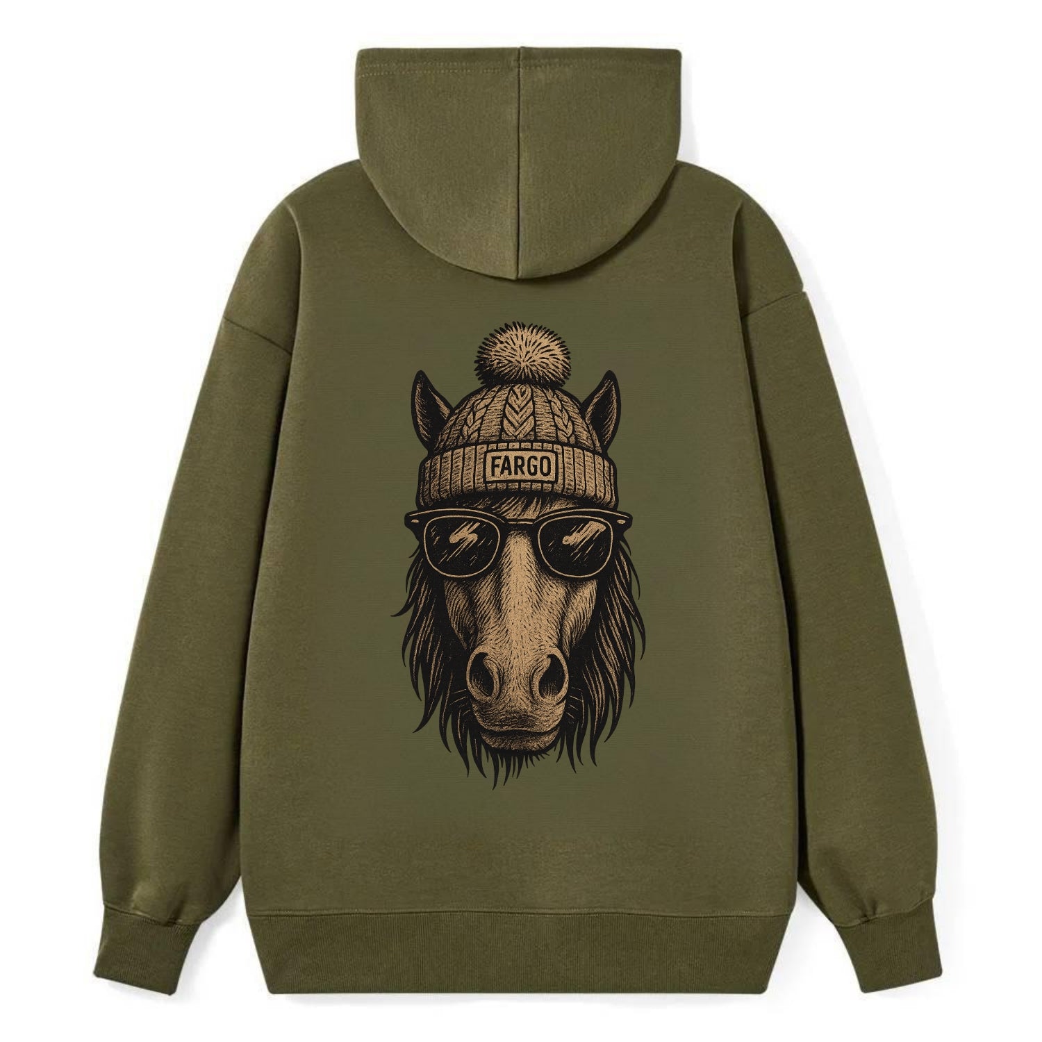 North Dakota Nokota Horse wearing Fargo beanie with pom pom and wayfarer - Classic Pullover Hoodie - ArmyGreen