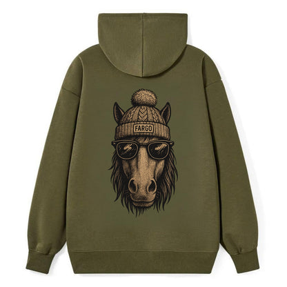 North Dakota Nokota Horse wearing Fargo beanie with pom pom and wayfarer - Classic Pullover Hoodie - ArmyGreen