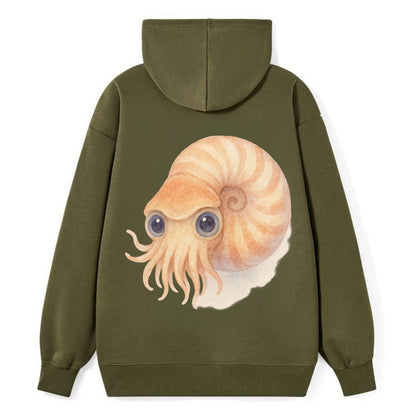 Baby Nautilus - spiral shell, tentacles peeking, ancient eyes, - Classic Pullover Hoodie - ArmyGreen
