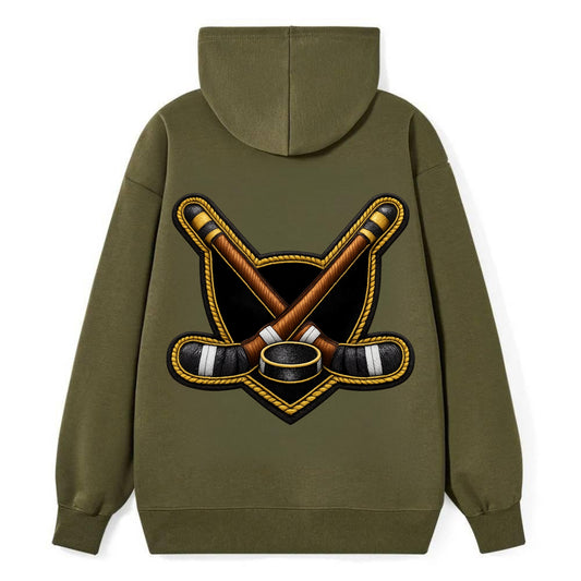Embroidered patch design - HOCKEY CROSSED STICKS - ice hockey sticks with - Classic Pullover Hoodie - ArmyGreen