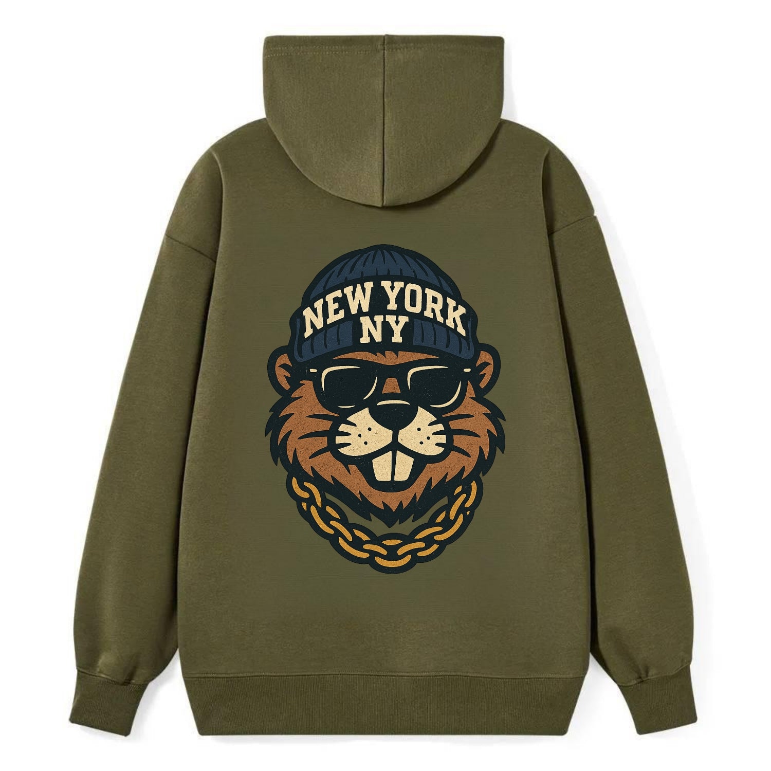 {"animal":"beaver","locationText":"NEW YORK","initials":"NY","beanieColor" - Classic Pullover Hoodie - ArmyGreen