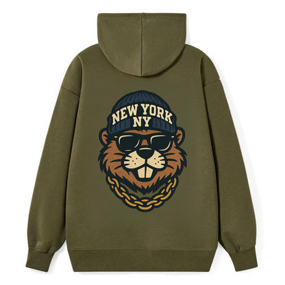 {"animal":"beaver","locationText":"NEW YORK","initials":"NY","beanieColor" - Classic Pullover Hoodie - ArmyGreen