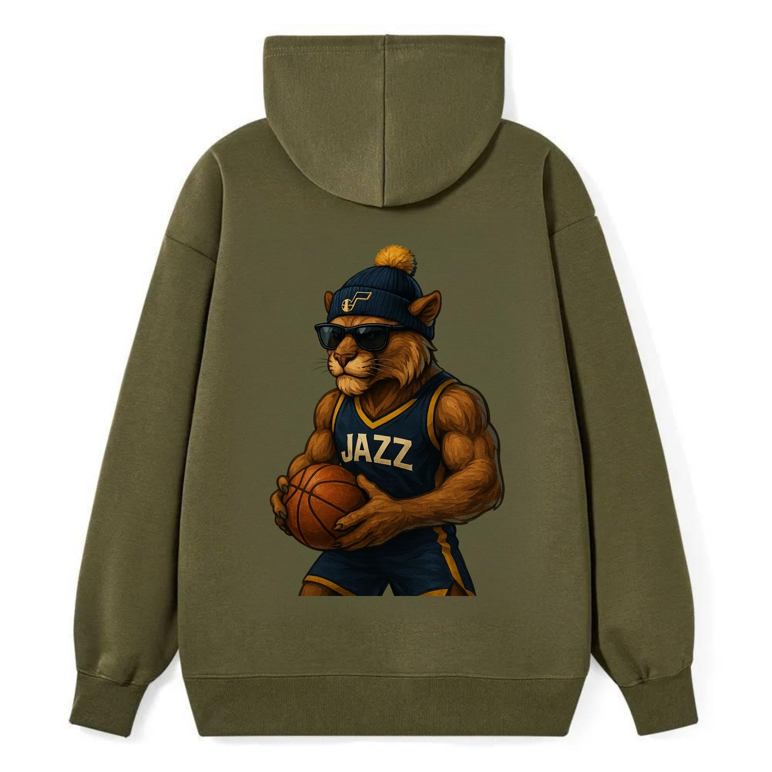 Utah Mountain Lion wearing Jazz navy and yellow beanie with music note - Classic Pullover Hoodie - ArmyGreen