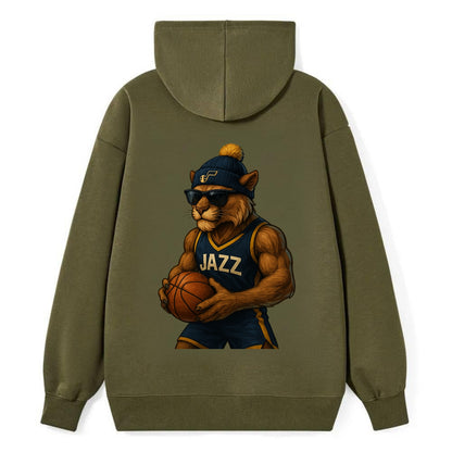Utah Mountain Lion wearing Jazz navy and yellow beanie with music note - Classic Pullover Hoodie - ArmyGreen
