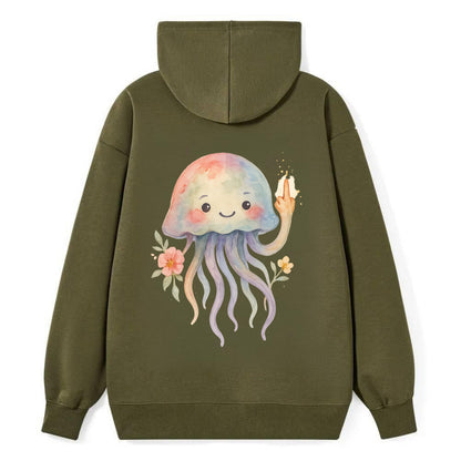 jellyfish with kawaii face and tentacles, one tentacle pointing up - Classic Pullover Hoodie - ArmyGreen