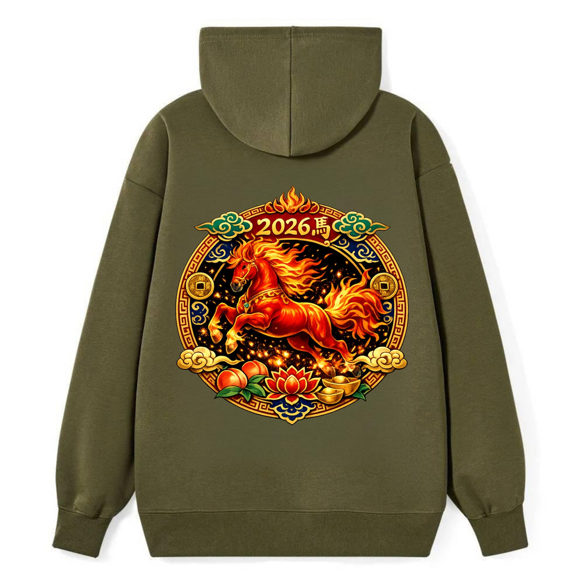 FIRE HORSE | Flaming mane and tail horse | Blazing orange and red colors - Classic Pullover Hoodie - ArmyGreen