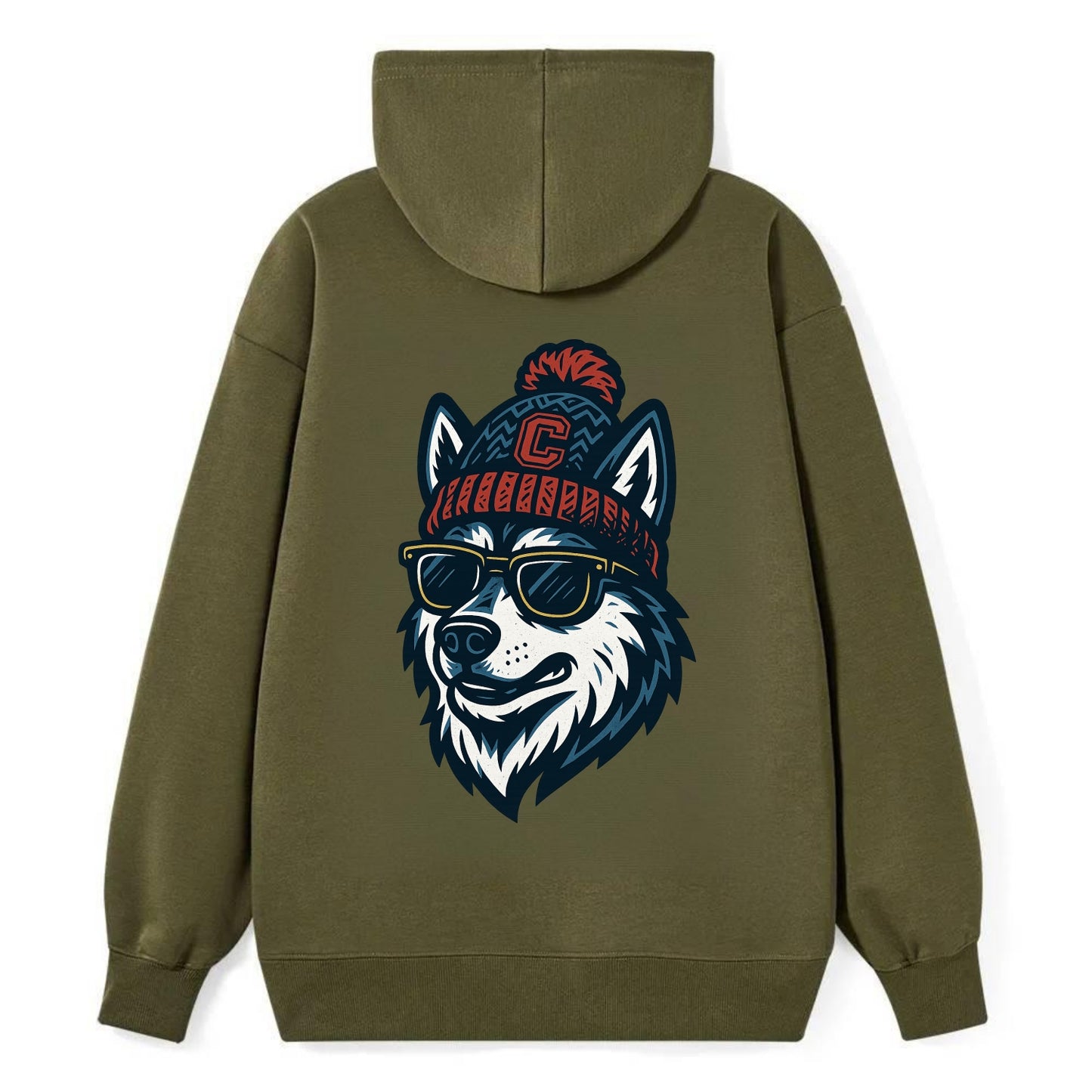 Storrs Husky wearing UConn beanie with C patch - Classic Pullover Hoodie - ArmyGreen