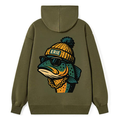 Erie Lake Trout wearing Erie beanie with pom pom and wayfarer sunglasses - Classic Pullover Hoodie - ArmyGreen
