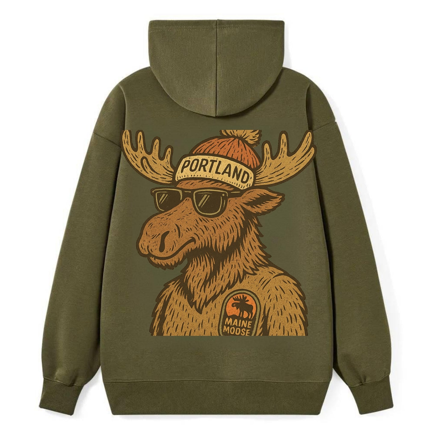 Maine Moose wearing Portland beanie with pom pom and wayfarer sunglasses - Classic Pullover Hoodie - ArmyGreen