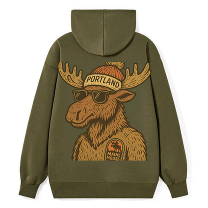 Maine Moose wearing Portland beanie with pom pom and wayfarer sunglasses - Classic Pullover Hoodie - ArmyGreen