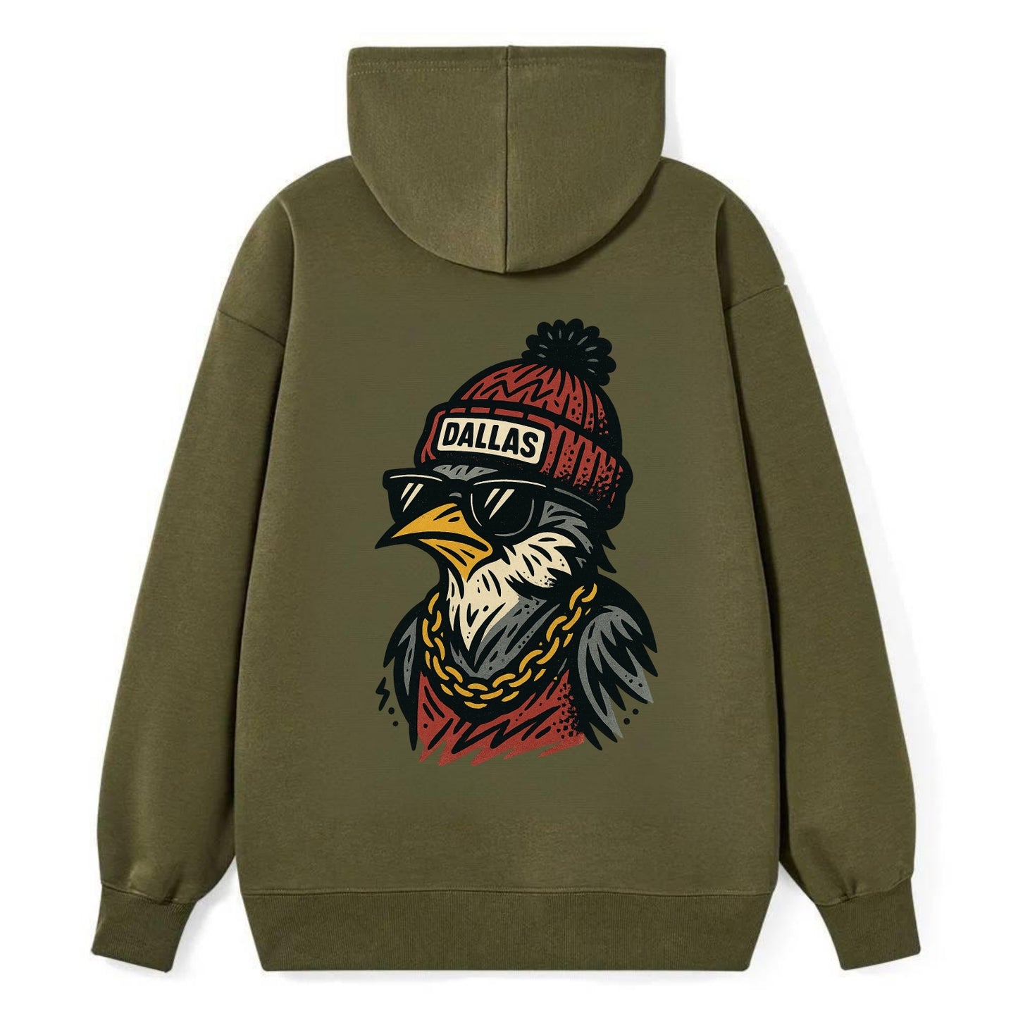 Dallas Mockingbird wearing Dallas beanie with pom pom and wayfarer - Classic Pullover Hoodie - ArmyGreen