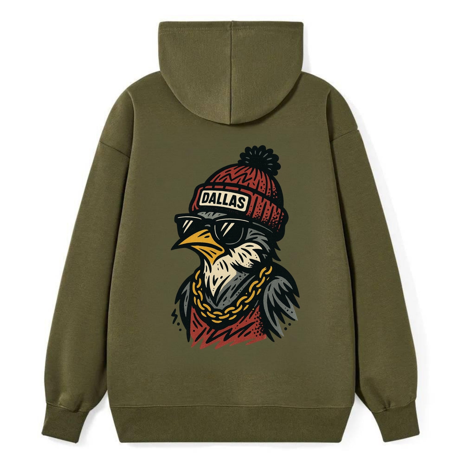 Dallas Mockingbird wearing Dallas beanie with pom pom and wayfarer - Classic Pullover Hoodie - ArmyGreen
