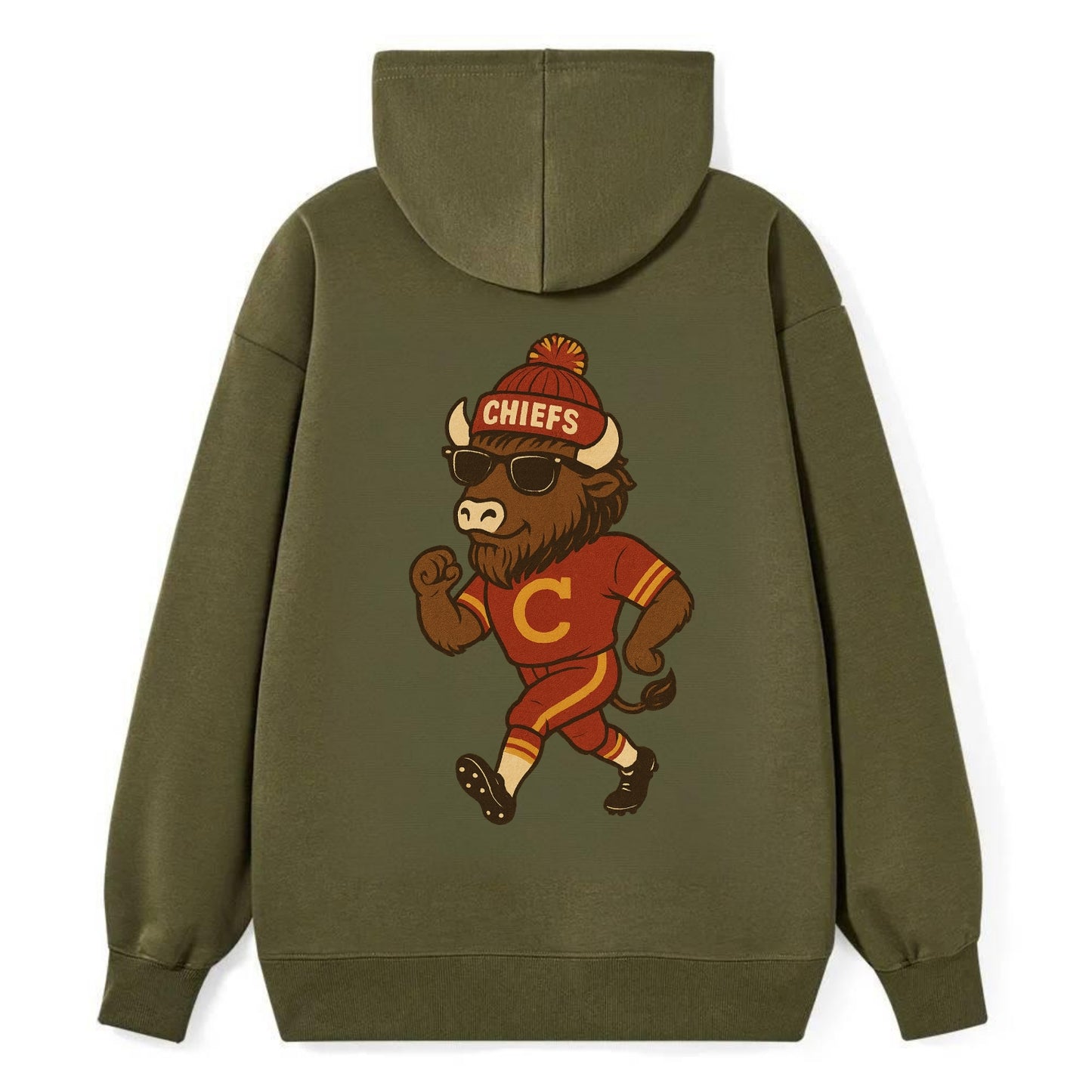 KC Bison wearing Chiefs beanie with arrowhead patch and wayfarer - Classic Pullover Hoodie - ArmyGreen