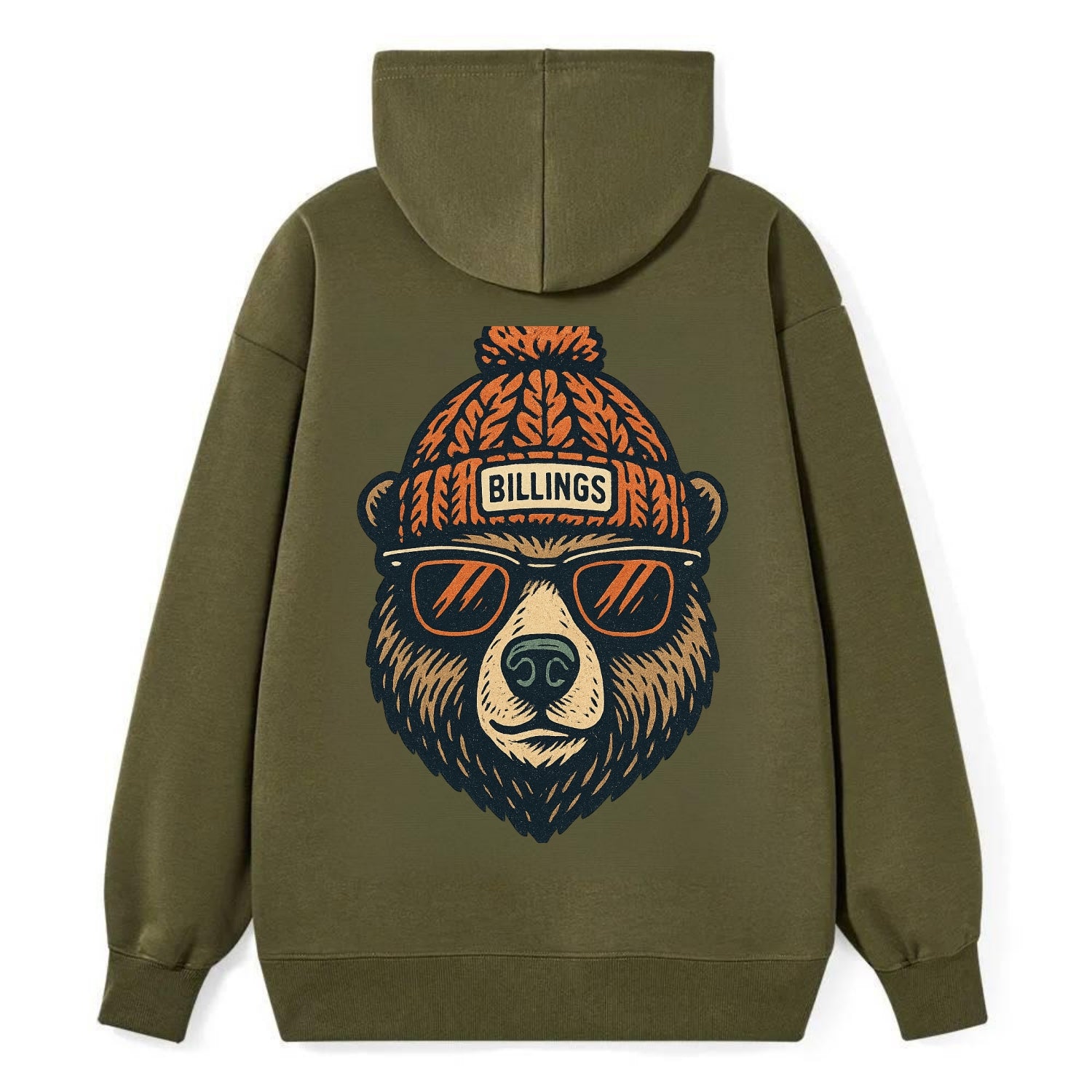 Montana Grizzly Bear wearing Billings beanie with pom pom and wayfarer - Classic Pullover Hoodie - ArmyGreen