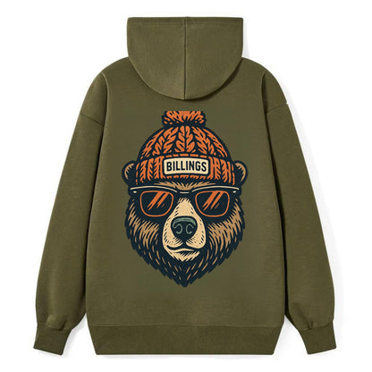 Montana Grizzly Bear wearing Billings beanie with pom pom and wayfarer - Classic Pullover Hoodie - ArmyGreen