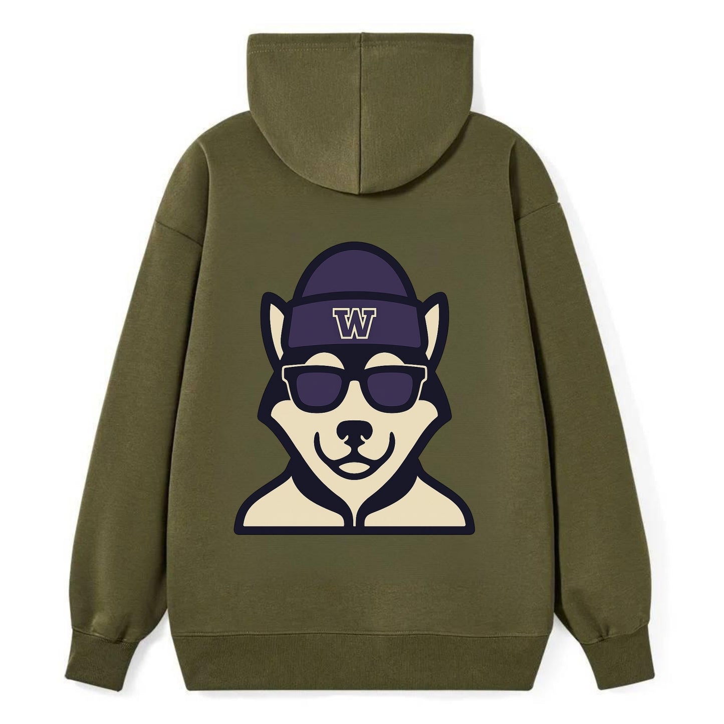 Seattle Husky wearing Washington beanie with W patch - Classic Pullover Hoodie - ArmyGreen