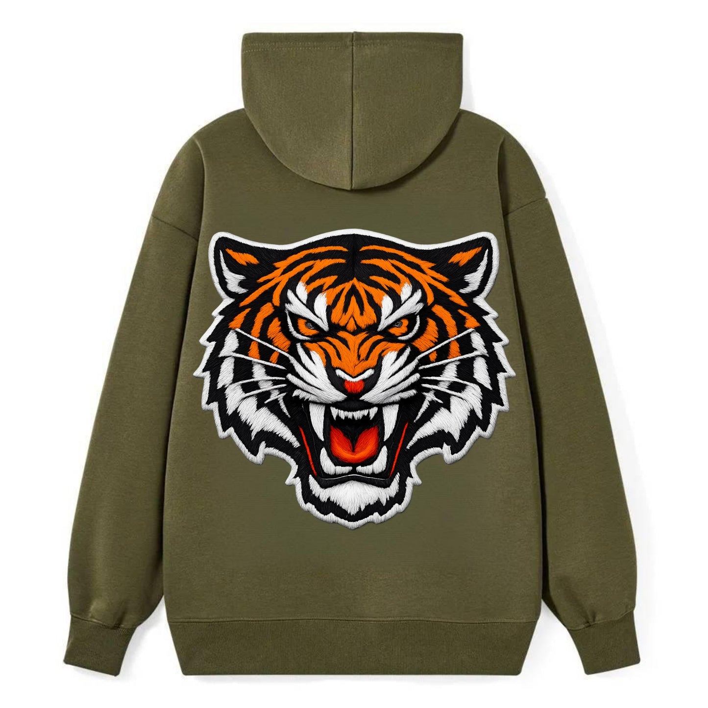 TIGER STRIPES FACE - fierce tiger face in orange, black and white , - Classic Pullover Hoodie - ArmyGreen