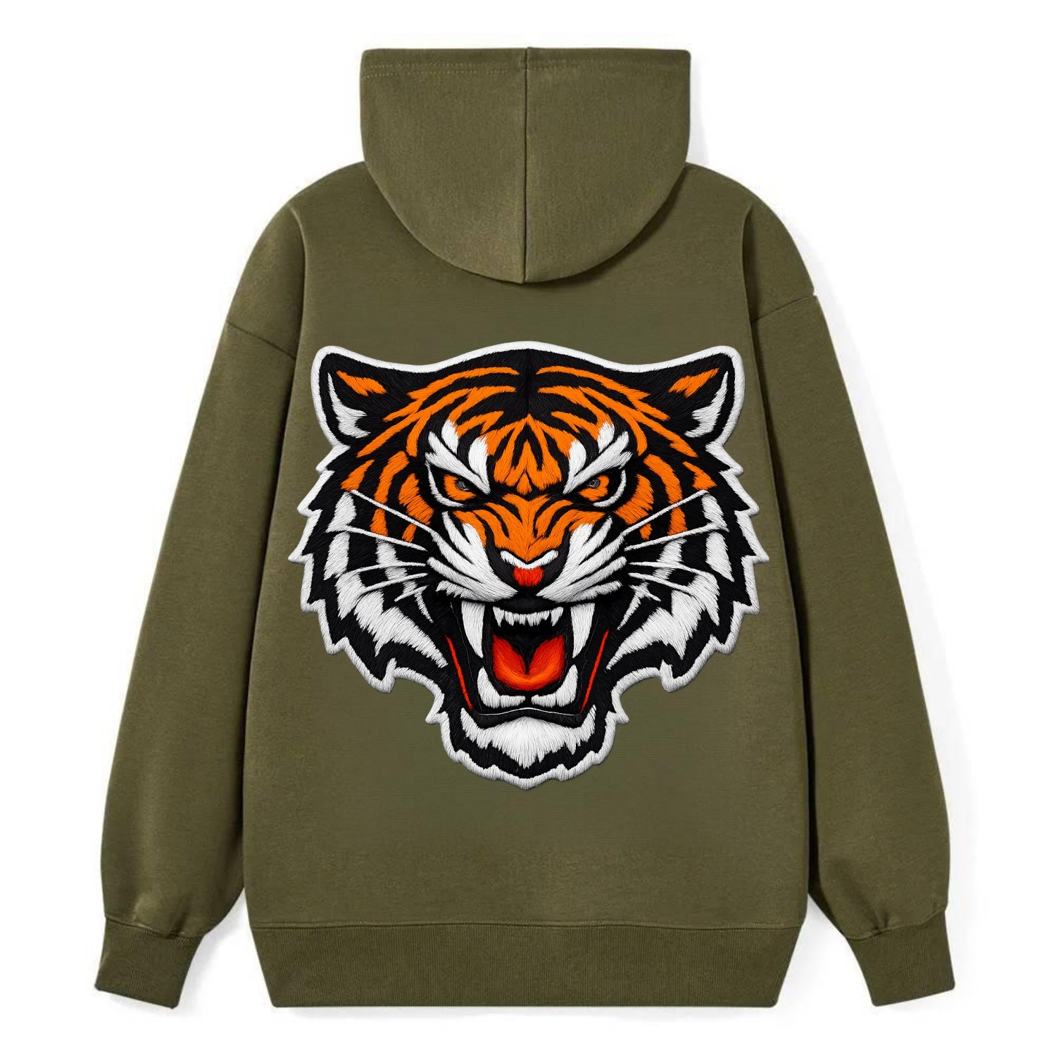 TIGER STRIPES FACE - fierce tiger face in orange, black and white , - Classic Pullover Hoodie - ArmyGreen