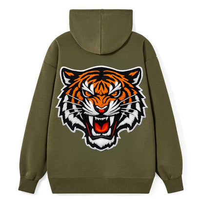 TIGER STRIPES FACE - fierce tiger face in orange, black and white , - Classic Pullover Hoodie - ArmyGreen