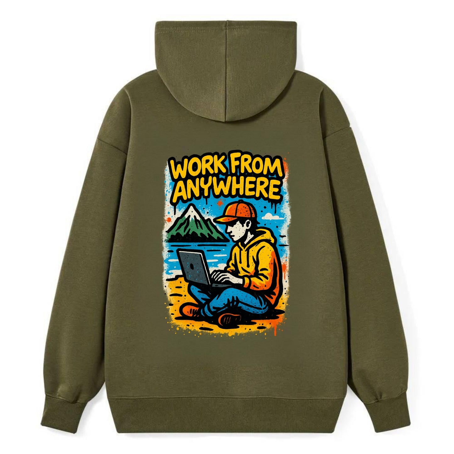 Digital nomad with laptop on beach/mountain - work from anywhere - Classic Pullover Hoodie - ArmyGreen